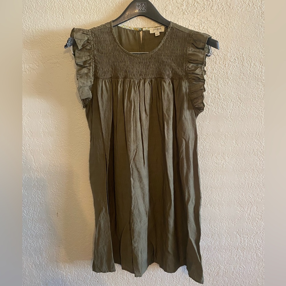 Olive Green Boutique Smocked Ruffle Sleeve Dress